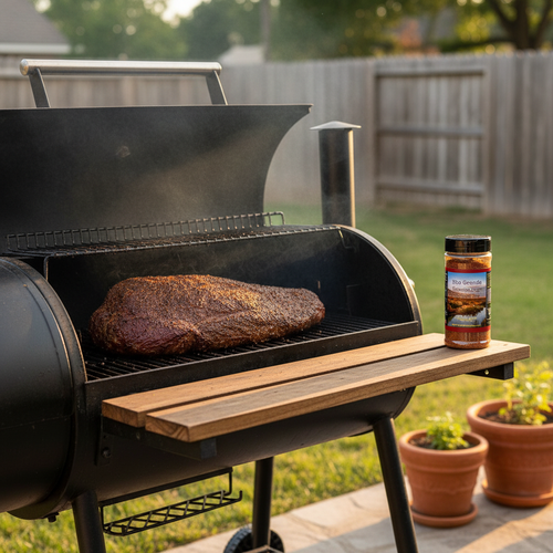 Brisket Rub beside an outdoor grill cooking brisket