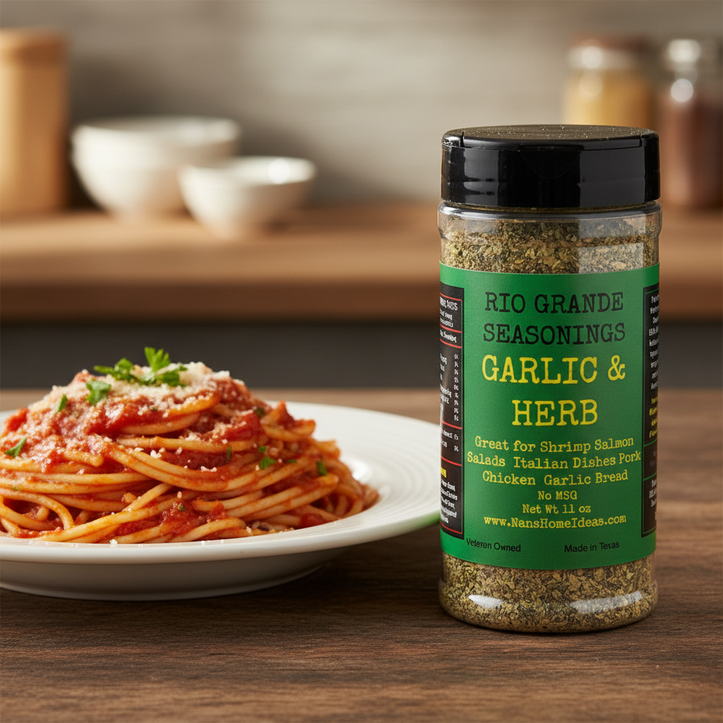 Garlic & Herb Seasoning beside a plated pasta dish