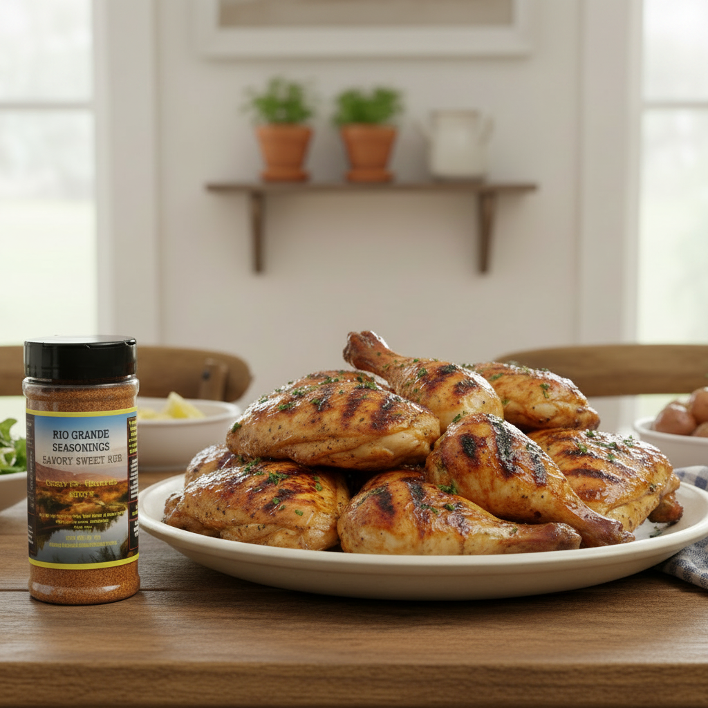 Square grilled chicken platter with Sweet & Savory shaker