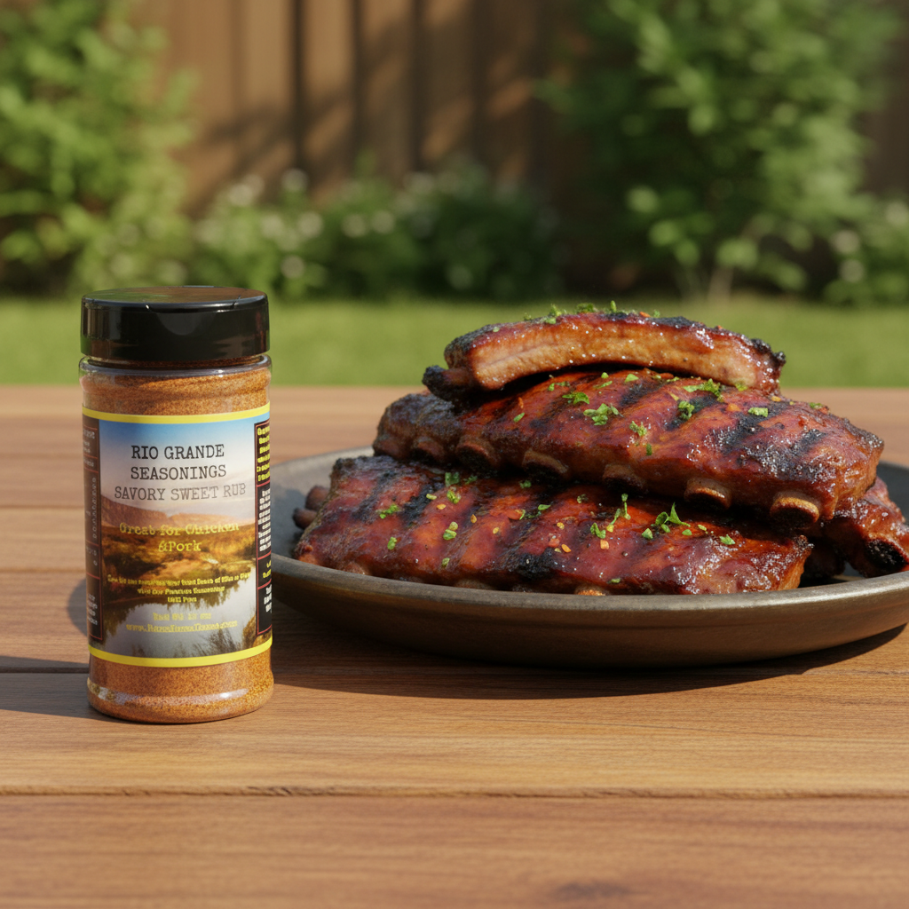 Sweet & Savory seasoning beside a platter of barbecue ribs
