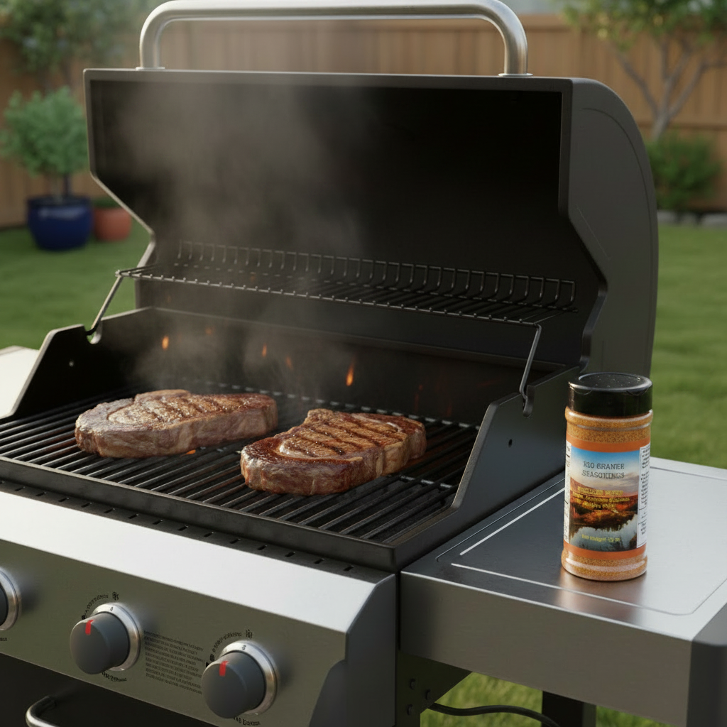 Two steaks grilling beside the Rio Grande Grilling Spice shaker